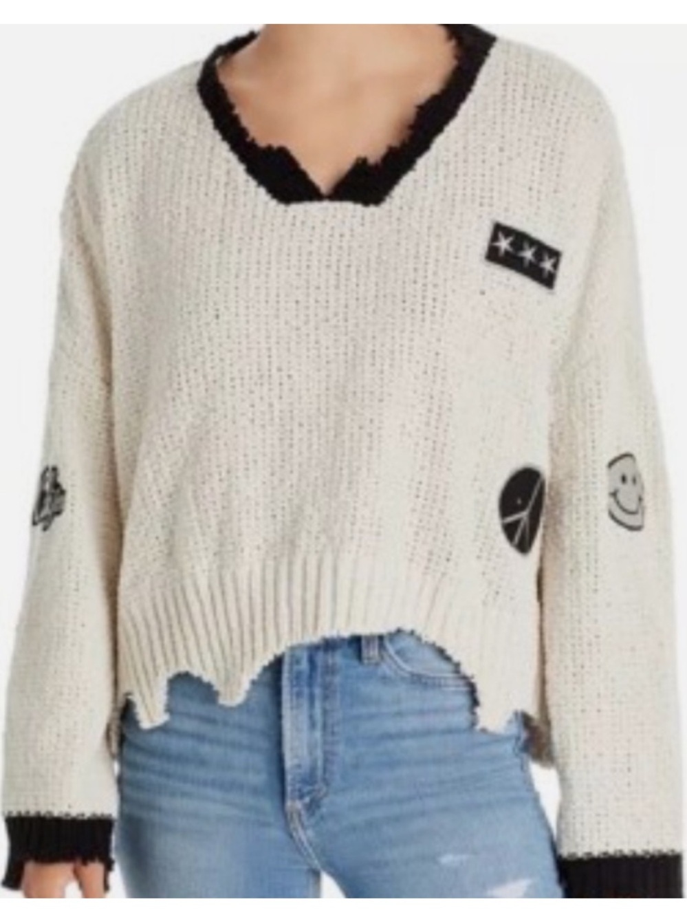 Vintage Havana Cream V-Neck Distressed Sweater patchwork with Black Trim small